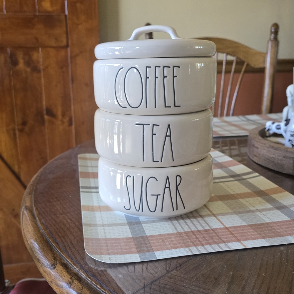 Ceramic Stackable Coffee Tea Sugar Canister Set - Cream Color.  RAE DUNN